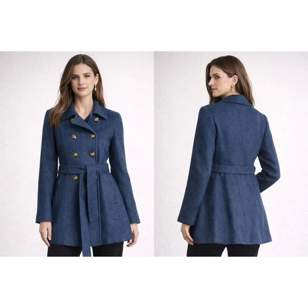 NWT Laundry by Shelli Segal Wool Blend Blue Sz 6 Belted Double Breasted Jacket